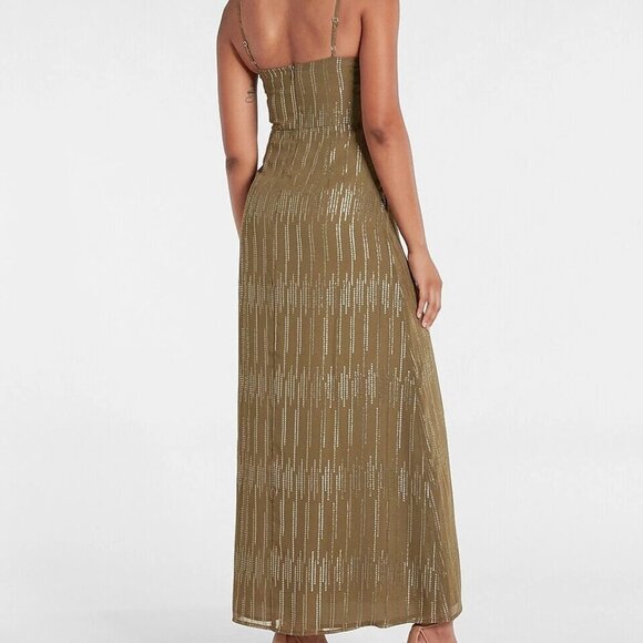 NWT Express Maxi Dress Women's Size XL Olive Green Metallic Cutout Ruched Front - Picture 3 of 16